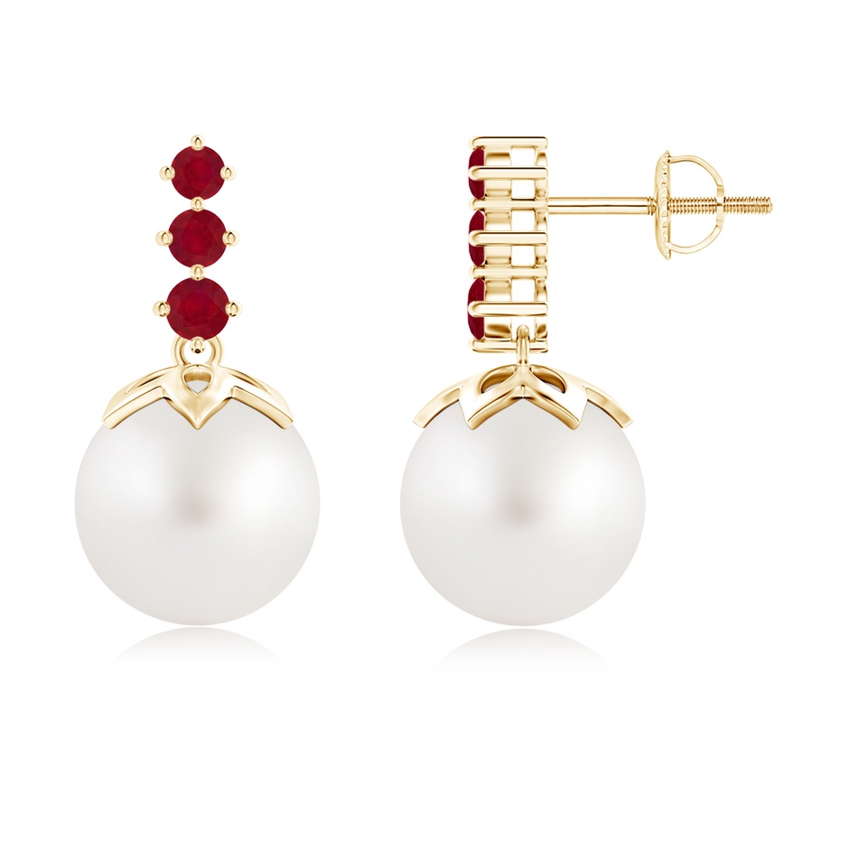 10mm AA South Sea Pearl Earrings with Graduated Ruby in Yellow Gold 