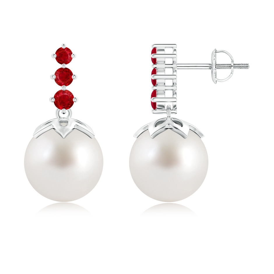 10mm AAA South Sea Pearl Earrings with Graduated Ruby in White Gold 