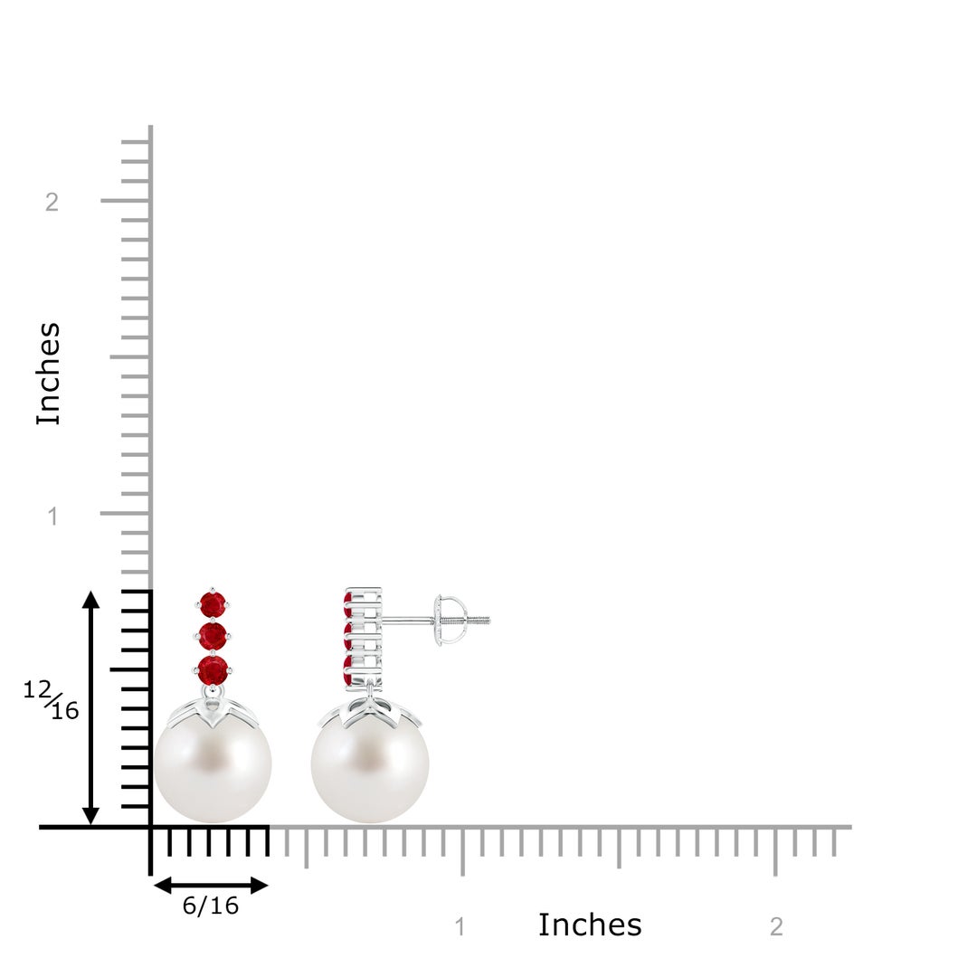 10mm AAA South Sea Pearl Earrings with Graduated Ruby in White Gold - ruler