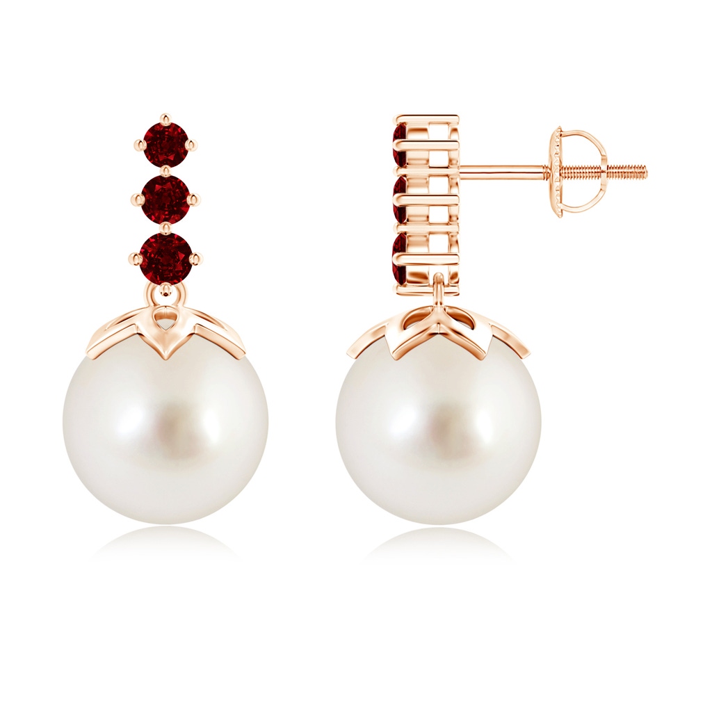 10mm AAAA South Sea Pearl Earrings with Graduated Ruby in Rose Gold