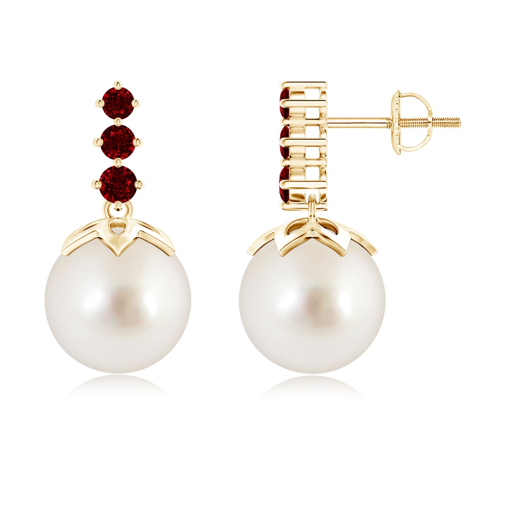 10mm AAAA South Sea Pearl Earrings with Graduated Ruby in Yellow Gold