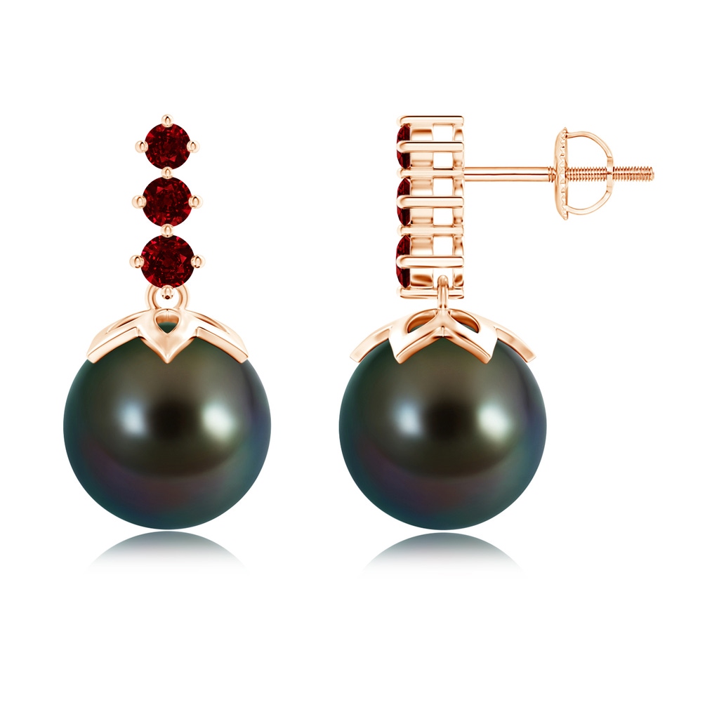 10mm AAAA Tahitian Cultured Pearl Earrings with Graduated Ruby in Rose Gold