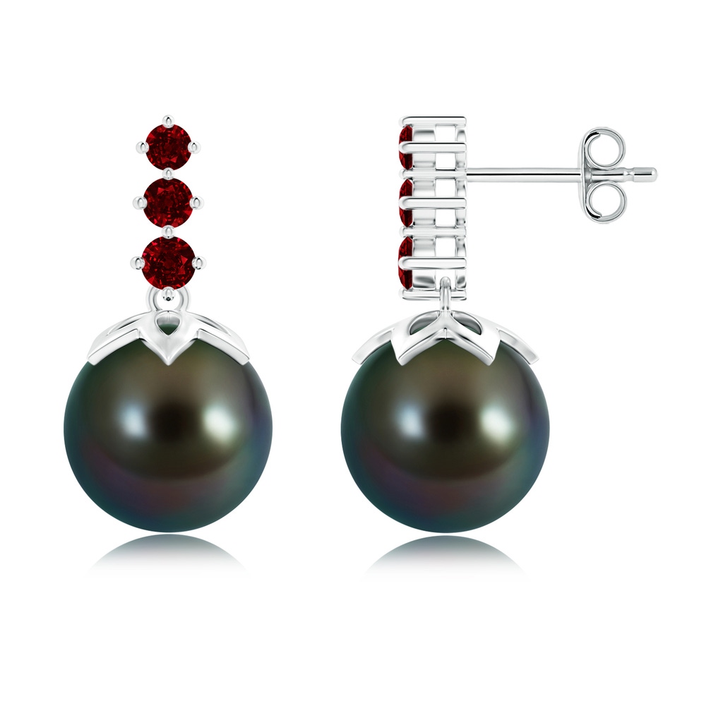 10mm AAAA Tahitian Cultured Pearl Earrings with Graduated Ruby in S999 Silver