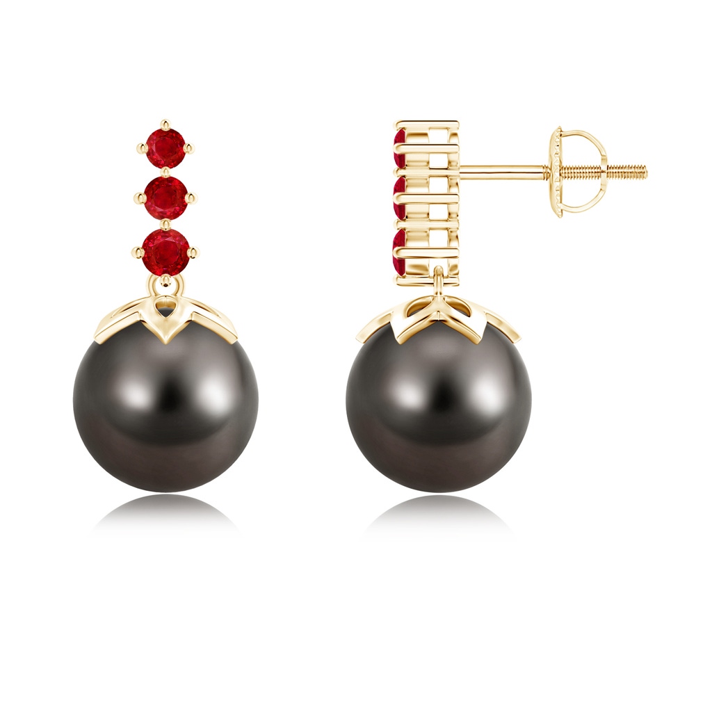 9mm AAA Tahitian Cultured Pearl Earrings with Graduated Ruby in Yellow Gold