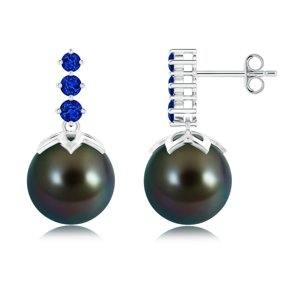 10mm AAAA Tahitian Pearl Earrings with Graduated Sapphire in S999 Silver