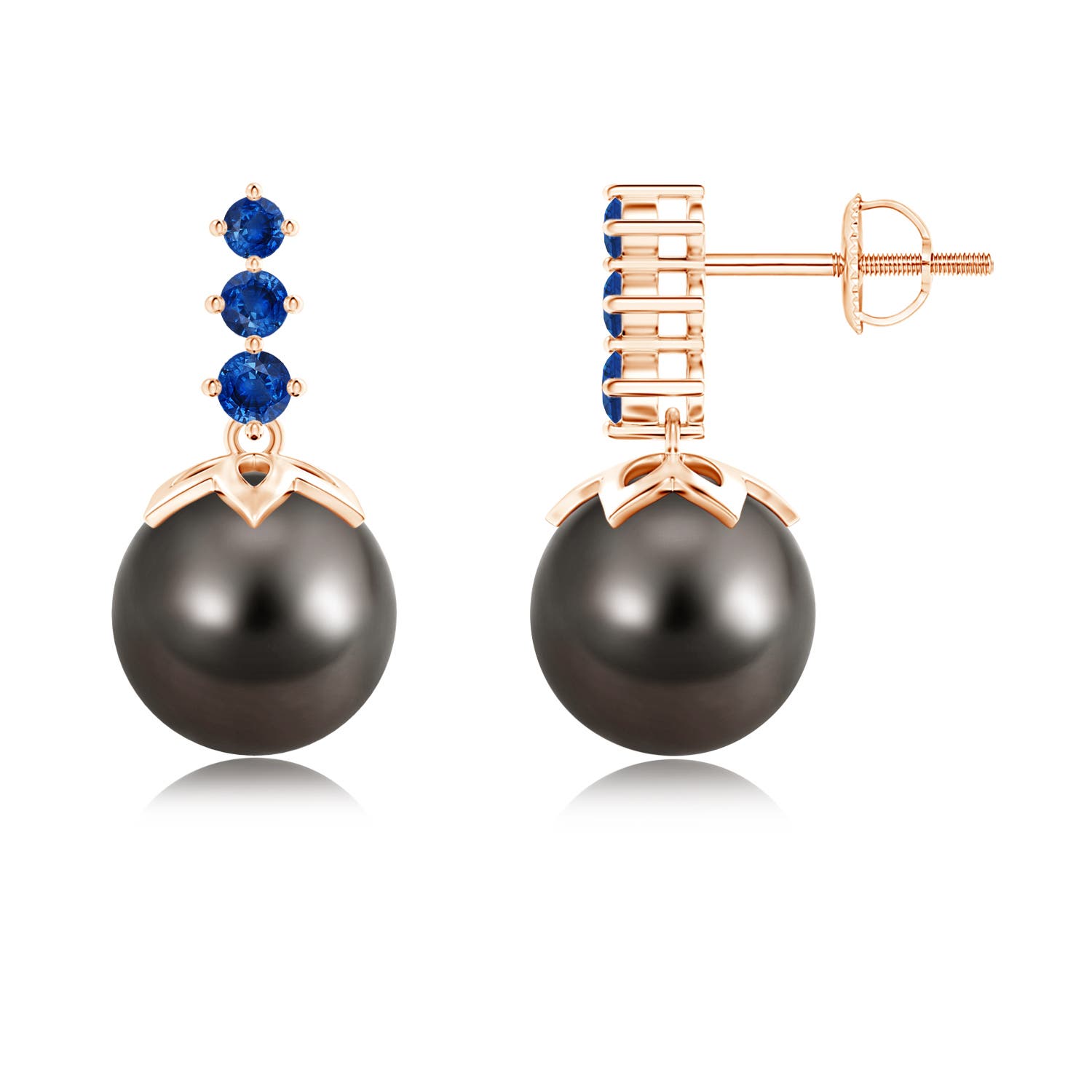 9mm AAA Tahitian Pearl Earrings with Graduated Sapphire in Rose Gold
