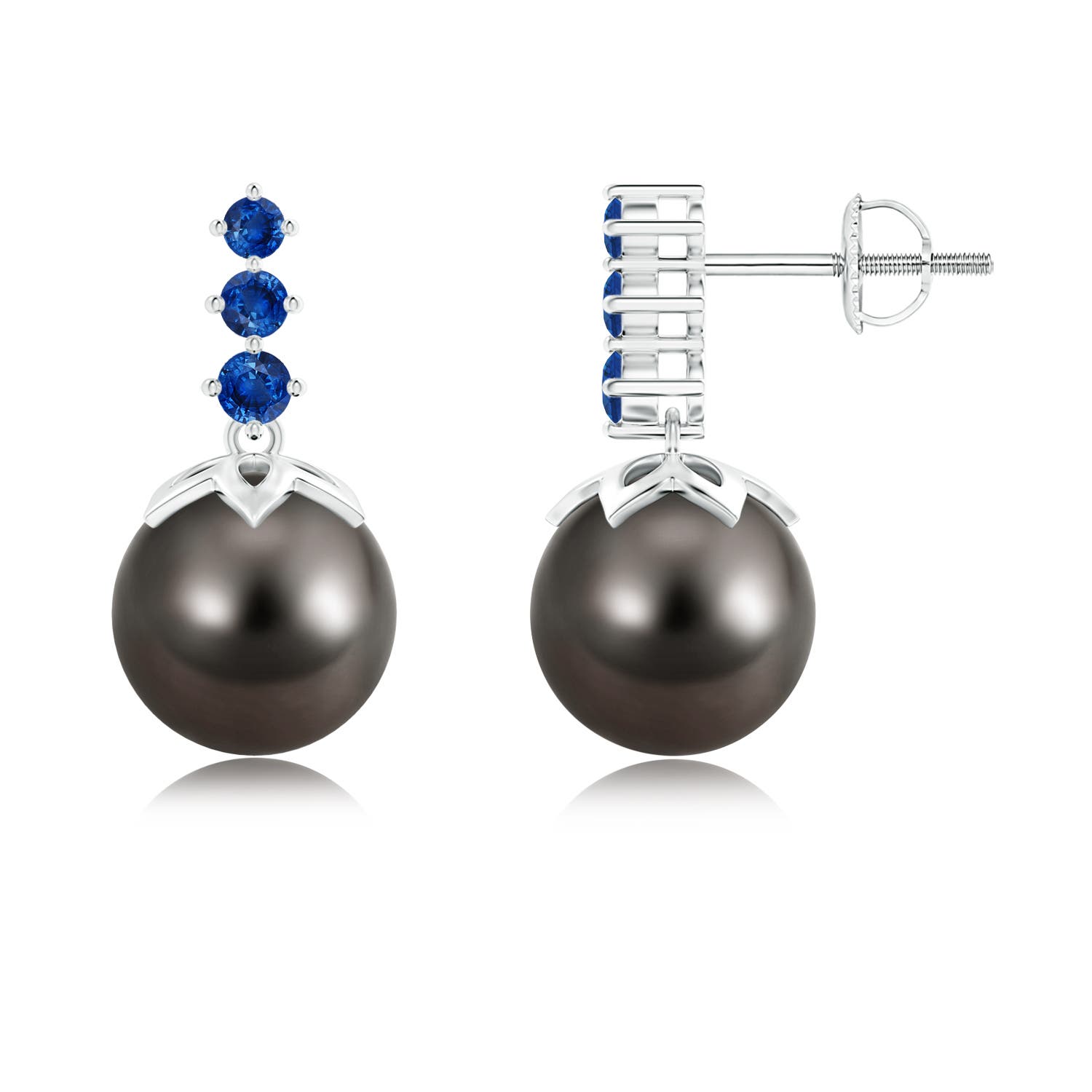 9mm AAA Tahitian Pearl Earrings with Graduated Sapphire in White Gold
