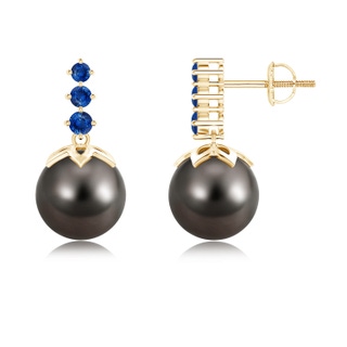 9mm AAA Tahitian Pearl Earrings with Graduated Sapphire in Yellow Gold