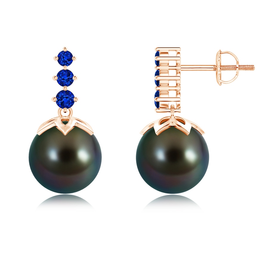 9mm AAAA Tahitian Pearl Earrings with Graduated Sapphire in Rose Gold 