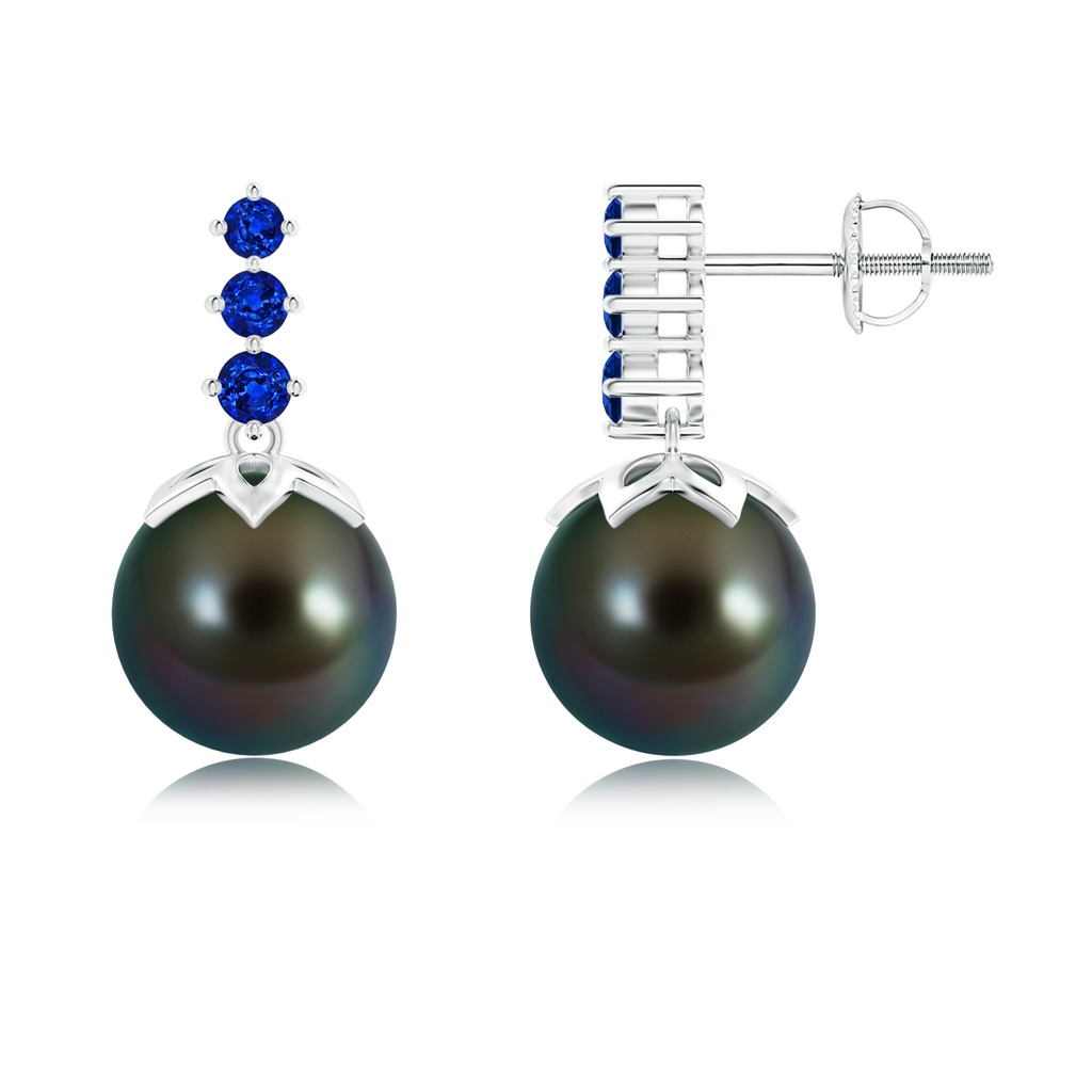 9mm AAAA Tahitian Pearl Earrings with Graduated Sapphire in White Gold
