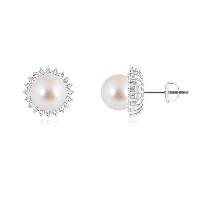 8mm AAA Japanese Akoya Pearl and Diamond Flower Halo Studs in White Gold