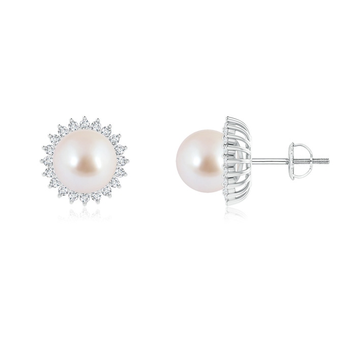 8mm AAA Japanese Akoya Pearl and Diamond Flower Halo Studs in White Gold 