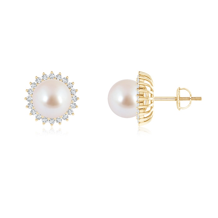 8mm AAA Japanese Akoya Pearl and Diamond Flower Halo Studs in Yellow Gold