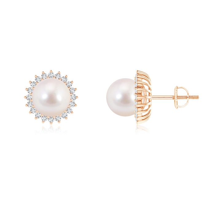 8mm AAAA Japanese Akoya Pearl and Diamond Flower Halo Studs in Rose Gold