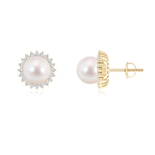 8mm AAAA Japanese Akoya Pearl and Diamond Flower Halo Studs in Yellow Gold