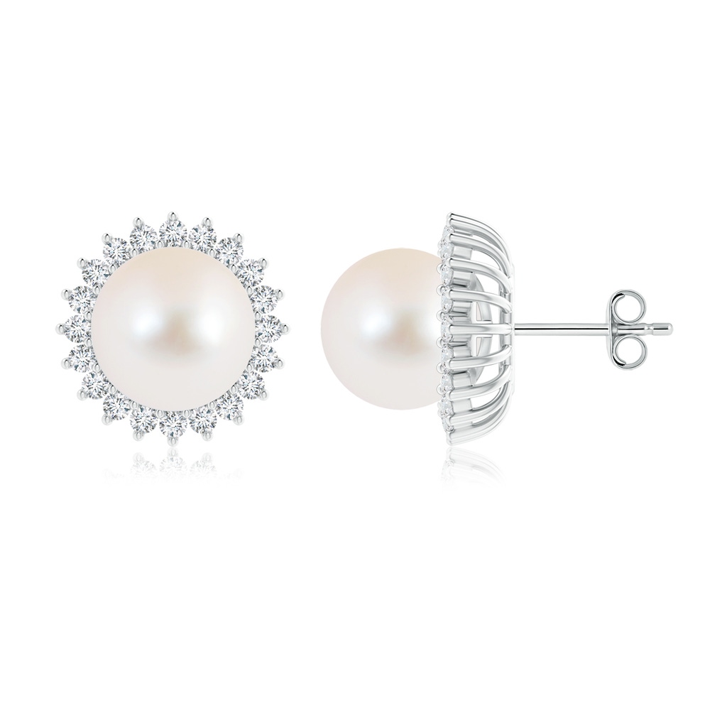10mm AAA Freshwater Pearl and Diamond Flower Halo Studs in S999 Silver