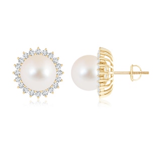 10mm AAA Freshwater Pearl and Diamond Flower Halo Studs in Yellow Gold