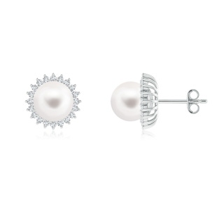 8mm AA Freshwater Pearl and Diamond Flower Halo Studs in S999 Silver