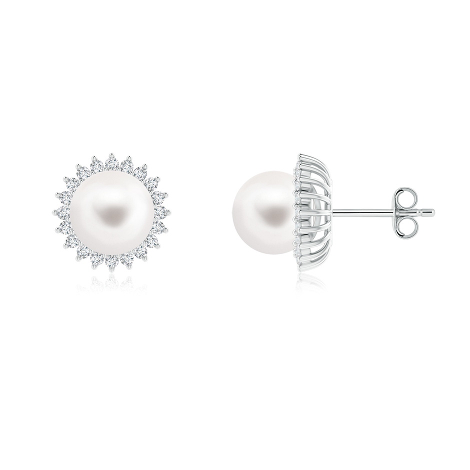 8mm AA Freshwater Pearl and Diamond Flower Halo Studs in S999 Silver 