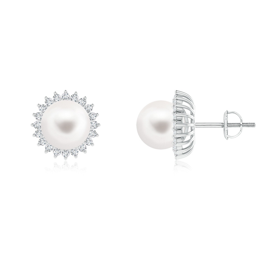 8mm AA Freshwater Pearl and Diamond Flower Halo Studs in White Gold 