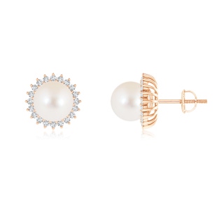 8mm AAA Freshwater Pearl and Diamond Flower Halo Studs in 9K Rose Gold