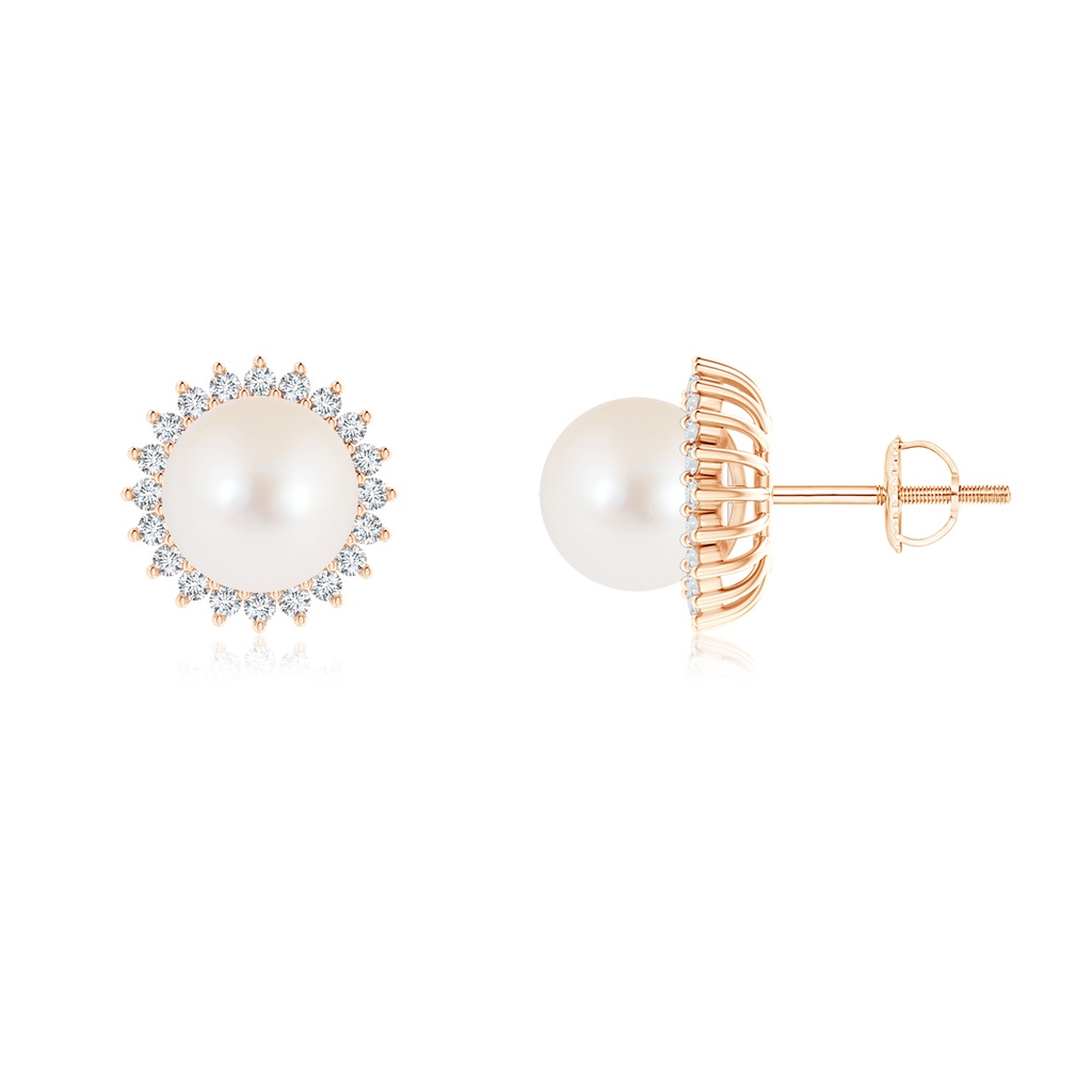 8mm AAA Freshwater Pearl and Diamond Flower Halo Studs in Rose Gold