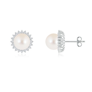 8mm AAA Freshwater Pearl and Diamond Flower Halo Studs in S999 Silver