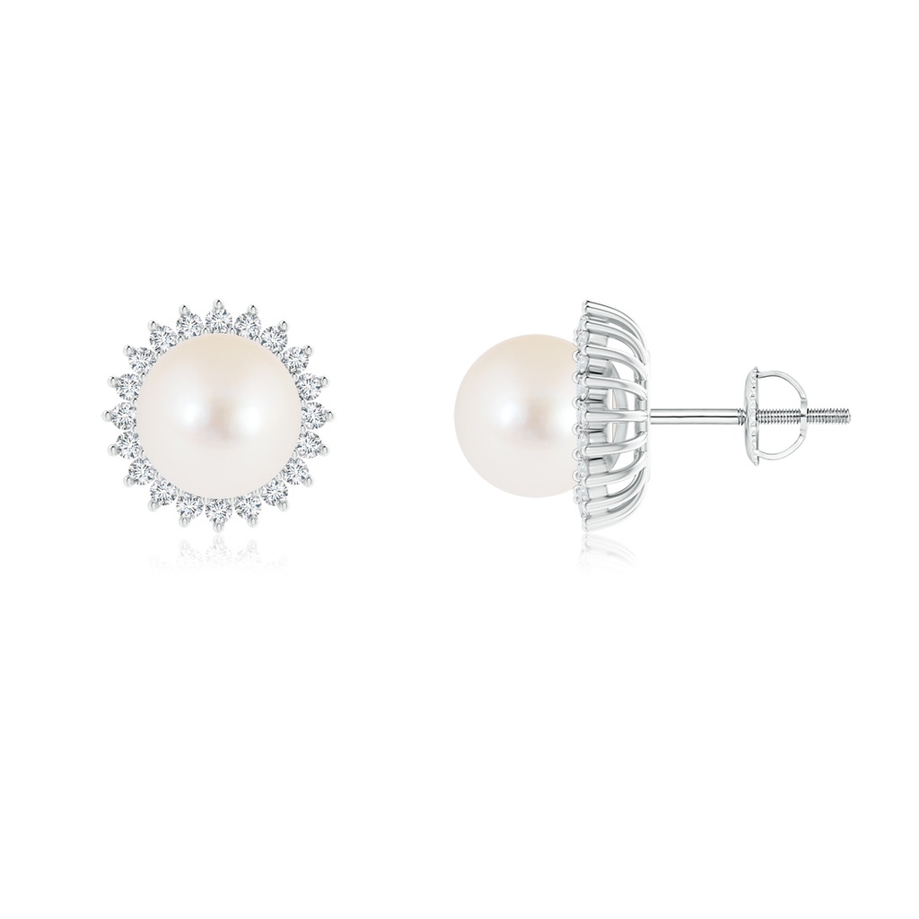 8mm AAA Freshwater Pearl and Diamond Flower Halo Studs in White Gold