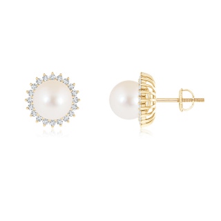 8mm AAA Freshwater Pearl and Diamond Flower Halo Studs in Yellow Gold