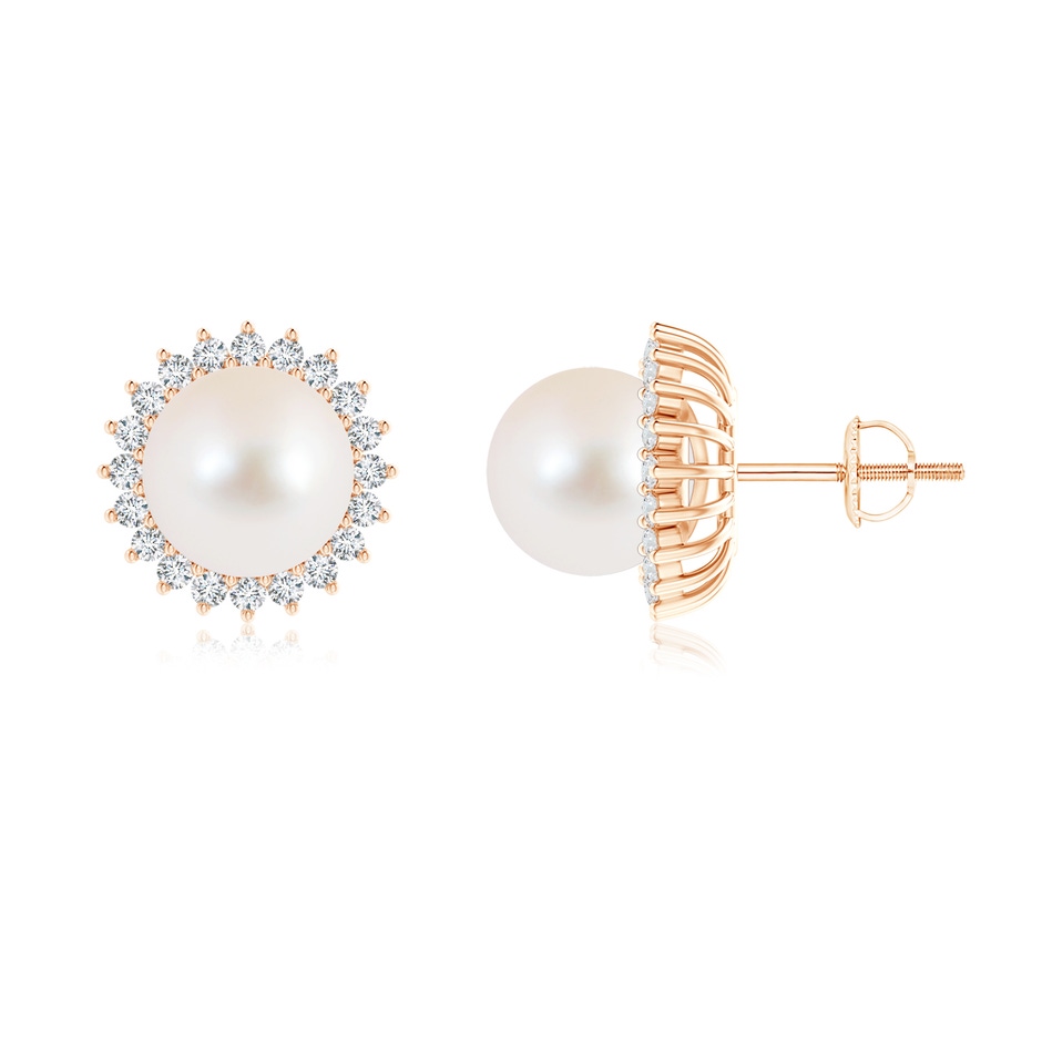 9mm AAA Freshwater Pearl and Diamond Flower Halo Studs in Rose Gold 