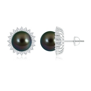 10mm AAAA Tahitian Pearl and Diamond Flower Halo Studs in White Gold