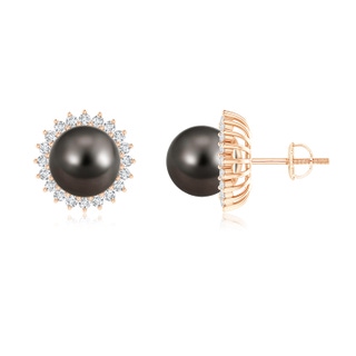 9mm AAA Tahitian Pearl and Diamond Flower Halo Studs in Rose Gold