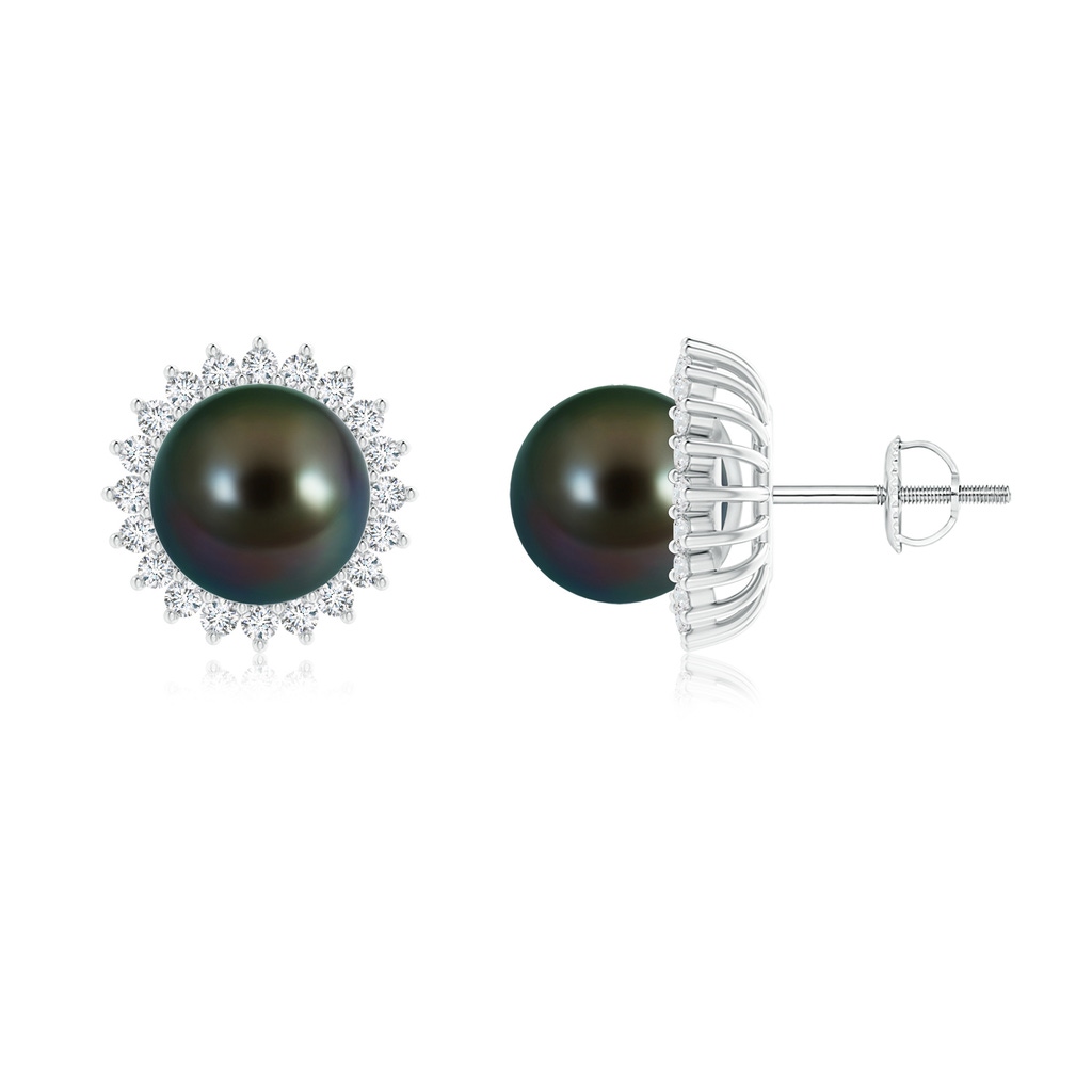 9mm AAAA Tahitian Pearl and Diamond Flower Halo Studs in White Gold
