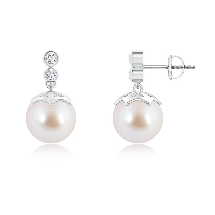 8mm AAA Akoya Cultured Pearl Drop Earrings with Twin Diamonds in White Gold