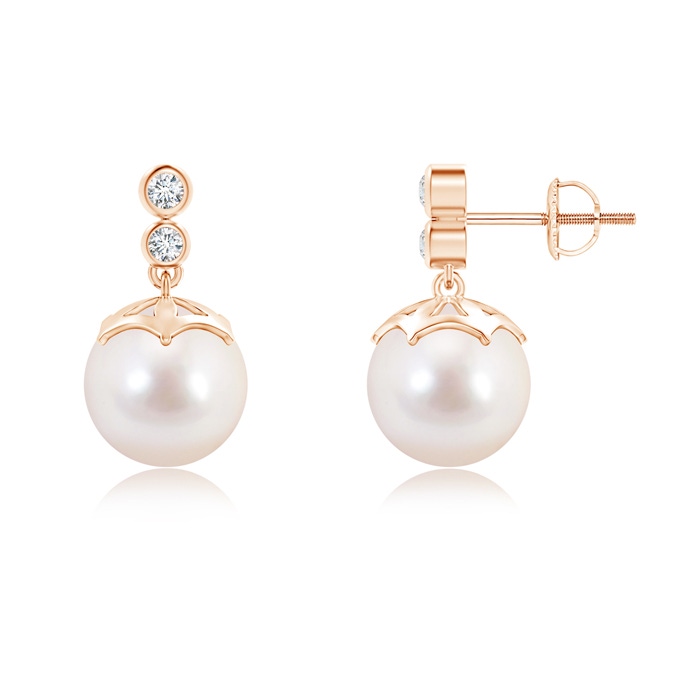 8mm AAAA Akoya Cultured Pearl Drop Earrings with Twin Diamonds in Rose Gold