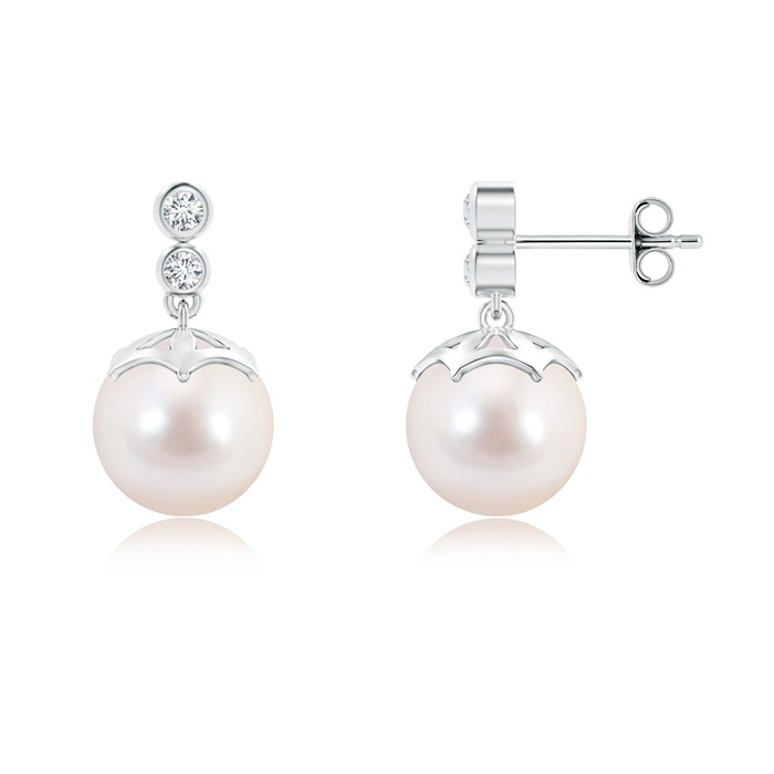 8mm AAAA Akoya Cultured Pearl Drop Earrings with Twin Diamonds in S999 Silver