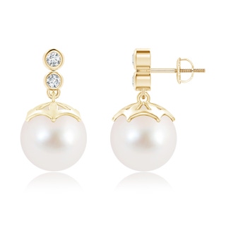 10mm AAA Freshwater Cultured Pearl Drop Earrings with Twin Diamonds in Yellow Gold