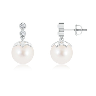 8mm AAA Freshwater Cultured Pearl Drop Earrings with Twin Diamonds in White Gold
