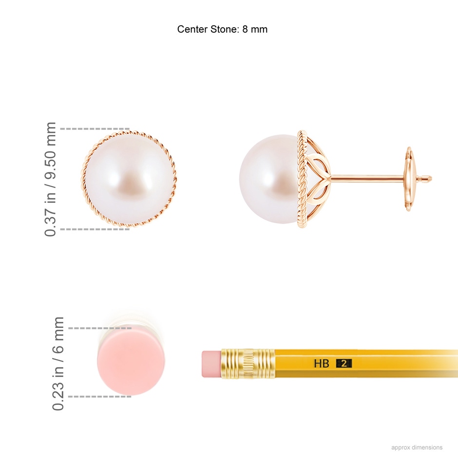 8mm AAA Japanese Akoya Pearl Earrings with Twisted Rope Frame in Rose Gold ruler