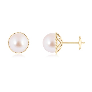 8mm AAA Japanese Akoya Pearl Earrings with Twisted Rope Frame in Yellow Gold