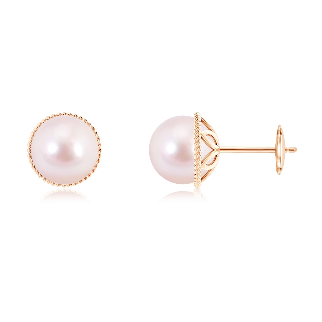 8mm AAAA Japanese Akoya Pearl Earrings with Twisted Rope Frame in Rose Gold