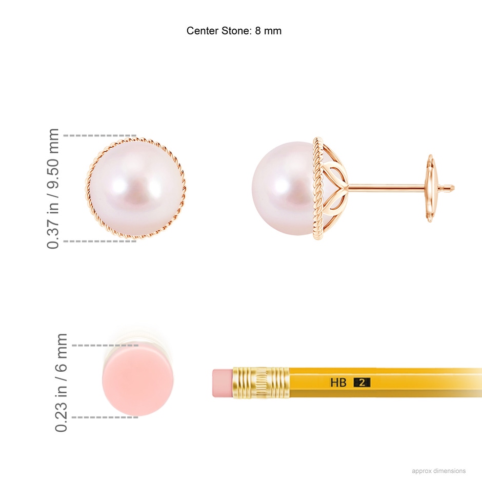 8mm AAAA Japanese Akoya Pearl Earrings with Twisted Rope Frame in Rose Gold ruler