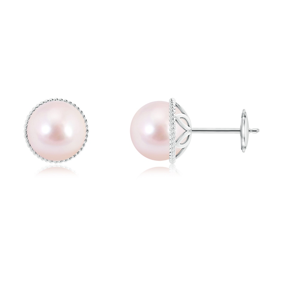 8mm AAAA Japanese Akoya Pearl Earrings with Twisted Rope Frame in White Gold 