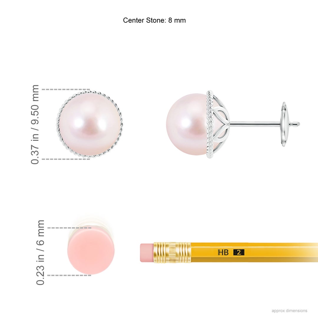 8mm AAAA Japanese Akoya Pearl Earrings with Twisted Rope Frame in White Gold - ruler