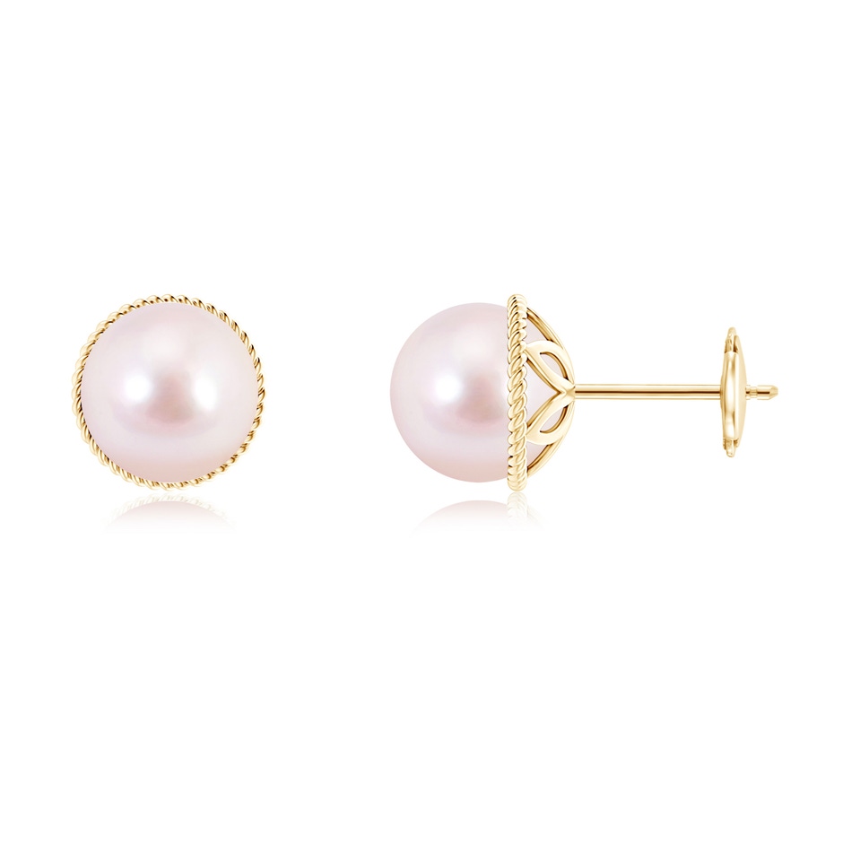 8mm AAAA Japanese Akoya Pearl Earrings with Twisted Rope Frame in Yellow Gold 