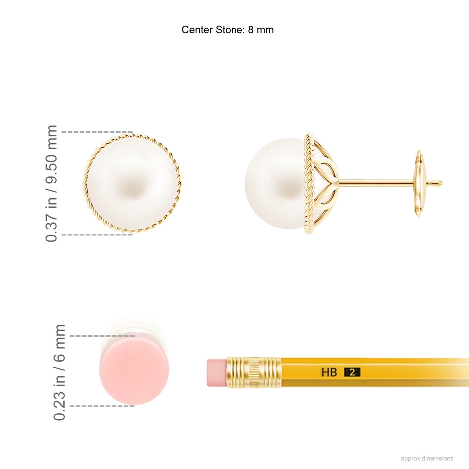 8mm AA Freshwater Pearl Earrings with Twisted Rope Frame in Yellow Gold ruler