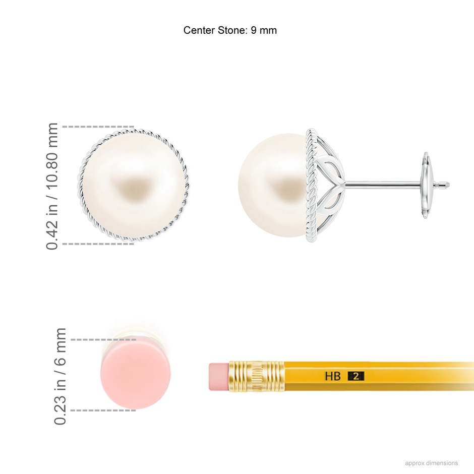 9mm AAA Freshwater Pearl Earrings with Twisted Rope Frame in White Gold ruler