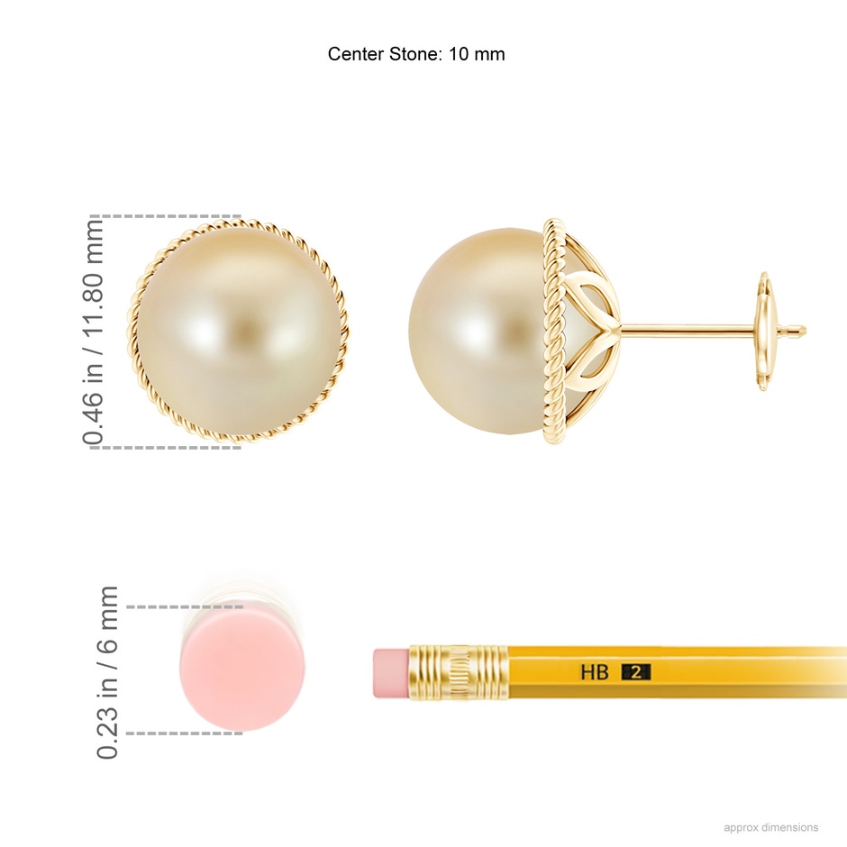 10mm AAA Golden South Sea Pearl Earrings with Rope Frame in Yellow Gold ruler