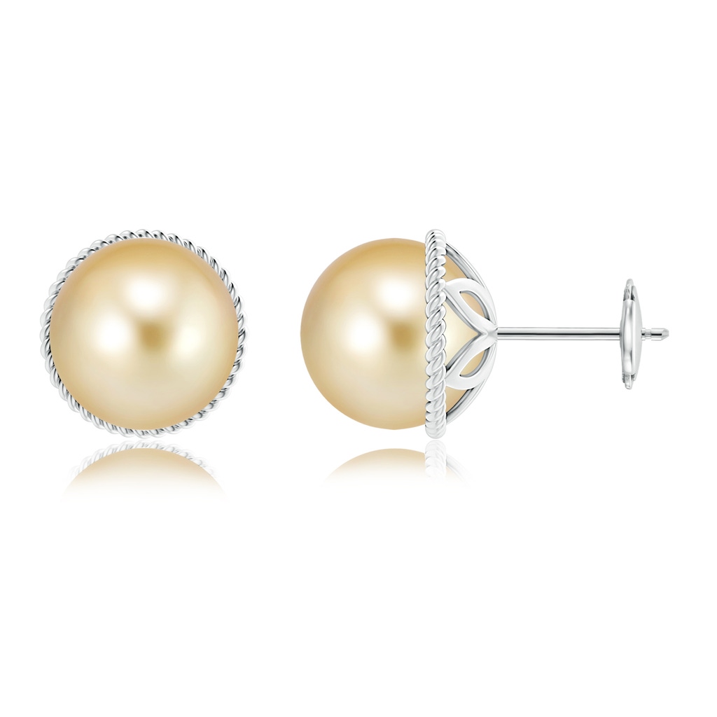 10mm AAAA Golden South Sea Pearl Earrings with Rope Frame in White Gold