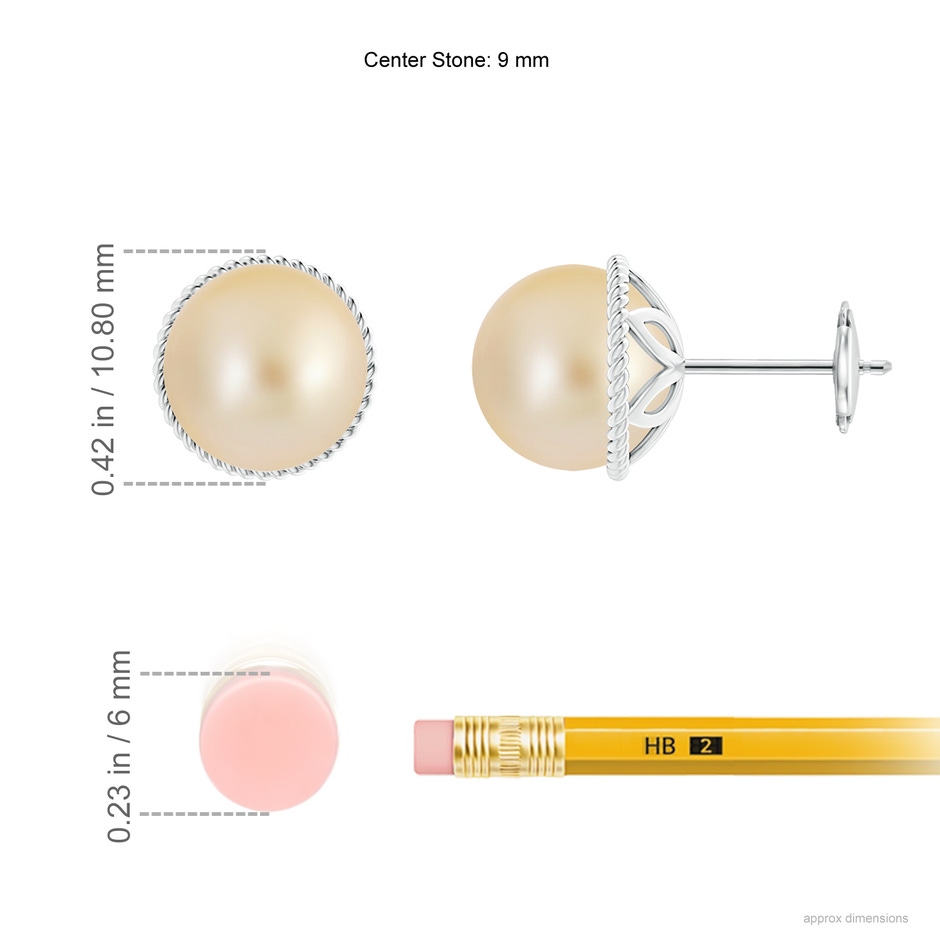 9mm AA Golden South Sea Pearl Earrings with Rope Frame in 9K White Gold ruler